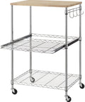Heavy Duty 3 Tier Rolling Kitchen Cart Workhorse With Oak Wood Top And Drawer Slider Chrome Finish Four Wheels Hooks For Utensils 300 Lb Total Capacity Multi Function Kitchen Island Cart For Cooks And Caterers Finnhomy