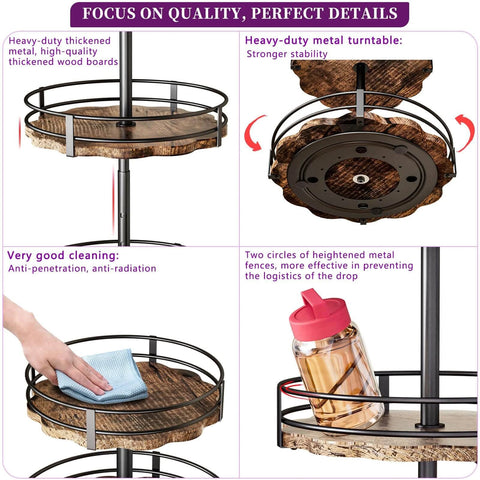 Heavy Duty 3 Tier Lazy Susan Organizer, Adjustable Height Rotating Spice Rack showing thickened wooden boards and stable 360° rotation feature