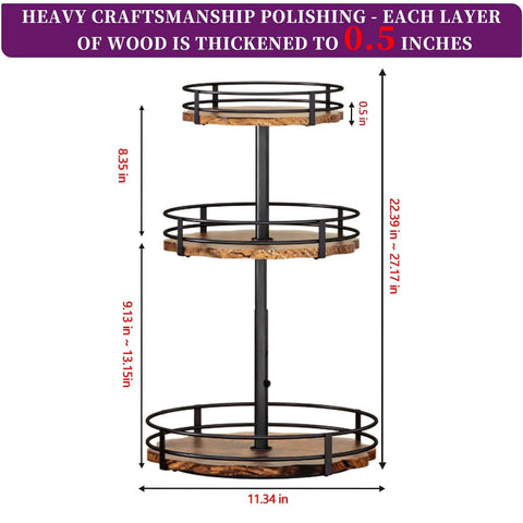 Heavy Duty 3 Tier Lazy Susan Organizer, Adjustable Height Rotating Spice Rack with Thickened Wooden Boards, Stable 360 Rotation
