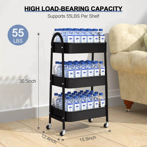 Versatile 3 Tier Rolling Cart With Mesh Baskets Lockable Wheels Metal Storage Cart holding water bottles in living room