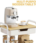 3-Tier Metal Rolling Cart With Wood Top And Drawer, White On Wheels, Multi-Purpose Storage Trolley With Coffee Machine