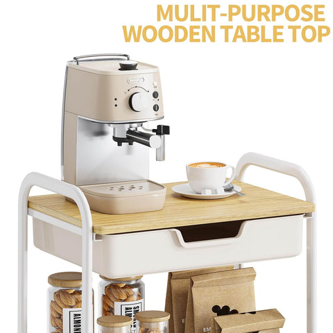 3-Tier Metal Rolling Cart With Wood Top And Drawer, White On Wheels, Multi-Purpose Storage Trolley With Coffee Machine