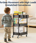 Child pushing Heavy Duty 3 Tier Metal Rolling Cart With Wheels Ultra Sturdy Mesh Shelves Built In Hooks And Hanging Cups 110 Lbs Total Load Capacity With 36 Lbs Per Shelf Perfect For Kitchen Office Or Craft Room Lightweight Yet Tough Steel Design YASONIC in living room