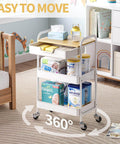 3-Tier Metal Rolling Cart With Wood Top And Drawer, White On Wheels, in nursery with diapers and supplies, for Kitchen, Office, Classroom or Home