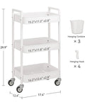 Versatile 3 Tier Rolling Cart With Locking Wheels Hanging Cups And Hooks Heavy Duty Metal Storage Organizer in white