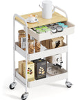 3-Tier Metal Rolling Cart With Wood Top And Drawer, White On Wheels, Multi-Purpose Storage Trolley for Kitchen