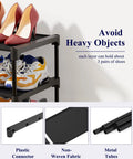 Effortlessly organize shoes with a 3-tier non-woven rack showing two tiers holding different shoe styles, with plastic connectors, metal tubes.