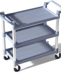 Heavy Duty 3 Tier Plastic Utility Cart With Wheels For Commercial Kitchen Office And Catering Thirty Nine And A Half Inch Long By Nineteen And A Quarter Inch Wide Rolling Service Cart With Lockable Wheels Six Hundred Pound Capacity Durable Transport Cart