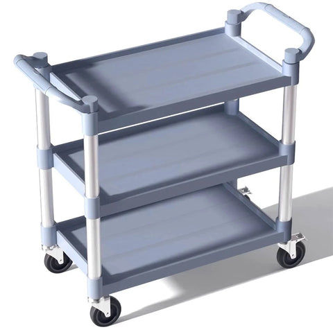 Heavy Duty 3 Tier Plastic Utility Cart With Wheels For Commercial Kitchen Office And Catering Thirty Nine And A Half Inch Long By Nineteen And A Quarter Inch Wide Rolling Service Cart With Lockable Wheels Six Hundred Pound Capacity Durable Transport Cart
