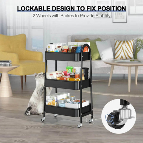 Versatile 3 Tier Rolling Cart With Mesh Baskets Lockable Wheels Metal Storage Cart For Kitchen Office Garage Living Room And More Go To Multi Purpose Cart For Snacks Tools Books And Everyday Organization displayed in living room with snack items