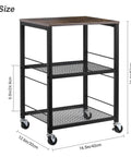 Multifunctional 3 Tier Rolling Cart On Wheels With Storage In Brown For Kitchen Bar Pantry Bathroom And Office Sturdy Metal Frame And Wood Shelves Versatile Utility Cart For Small Spaces, showing side view with dimensions.