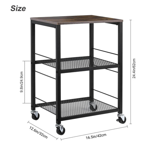 Multifunctional 3 Tier Rolling Cart On Wheels With Storage In Brown For Kitchen Bar Pantry Bathroom And Office Sturdy Metal Frame And Wood Shelves Versatile Utility Cart For Small Spaces, showing side view with dimensions.