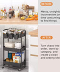 Image showing a before and after comparison: a cluttered kitchen counter and an organized 3 Tier Rolling Storage Cart With Lockable Wheels And Extra Hanging Cups For Kitchen, Bathroom, Living Room Or Office Black Heavy Duty Iron Frame, Sturdy Plastic Trays, Smooth Rolling, Easy Assembly By JIUYOTREE.