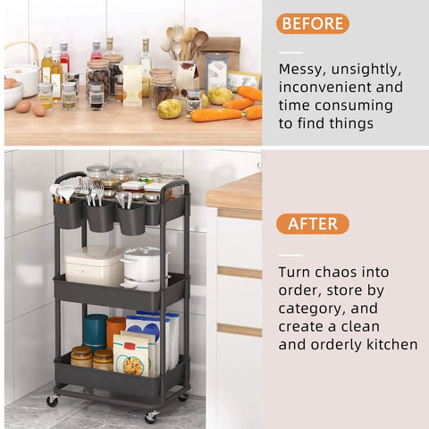 Image showing a before and after comparison: a cluttered kitchen counter and an organized 3 Tier Rolling Storage Cart With Lockable Wheels And Extra Hanging Cups For Kitchen, Bathroom, Living Room Or Office Black Heavy Duty Iron Frame, Sturdy Plastic Trays, Smooth Rolling, Easy Assembly By JIUYOTREE.