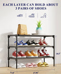 Effortlessly organize shoes with a 3-tier non-woven rack, three dust-free shelves holding shoes, in a bright room, durable metal tubes.