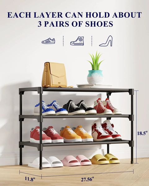 Effortlessly organize shoes with a 3-tier non-woven rack, three dust-free shelves holding shoes, in a bright room, durable metal tubes.