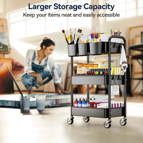 Heavy Duty 3 Tier Metal Rolling Cart With Wheels Ultra Sturdy Mesh Shelves Built In Hooks And Hanging Cups 110 Lbs Total Load Capacity With 36 Lbs Per Shelf Perfect For Kitchen Office Or Craft Room Lightweight Yet Tough Steel Design YASONIC loaded with art supplies