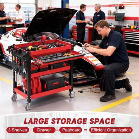 Heavy Duty 3 Tier Tool Cart On Wheels With Drawers And Pegboards For Garage And Workshop, Industrial Steel Rolling Utility Cart