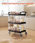 Heavy Duty 3 Tier Utility Cart With 360 Degree Swivel Wheels And Brakes, 300 Lb Load Capacity, shown in a kitchen.