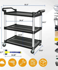 Heavy Duty 3 Tier Utility Cart With Wheels For Restaurant And Warehouse, 420 Lb Capacity, Lockable Wheels, Rubber Hammer Included