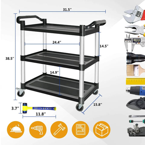 Heavy Duty 3 Tier Utility Cart With Wheels For Restaurant And Warehouse, 420 Lb Capacity, Lockable Wheels, Rubber Hammer Included