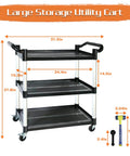 Front view of Built To Haul 3 Tier Utility Cart On Wheels With 510 Lb Capacity For Kitchen Office And Warehouse Rubber Pad Durable Aluminum Frame And High Density Polyethylene Shelves 31.5 x 16.9 x 38.9 Inches Black
