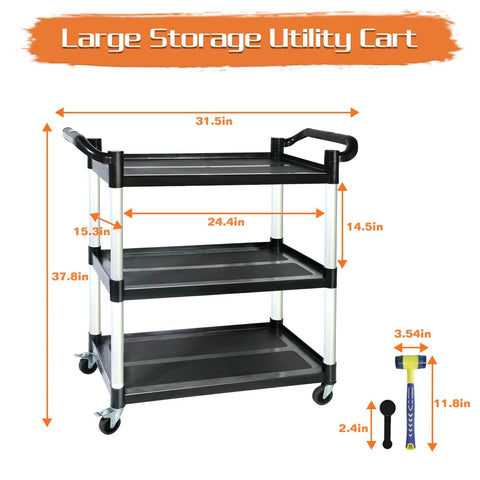 Front view of Built To Haul 3 Tier Utility Cart On Wheels With 510 Lb Capacity For Kitchen Office And Warehouse Rubber Pad Durable Aluminum Frame And High Density Polyethylene Shelves 31.5 x 16.9 x 38.9 Inches Black