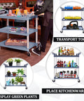 Heavy Duty 3 Tier Plastic Utility Cart With Wheels For Commercial Kitchen Office And Catering Thirty Nine And A Half Inch Long By Nineteen And A Quarter Inch Wide Rolling Service Cart With Lockable Wheels Six Hundred Pound Capacity Durable Transport Cart in various settings
