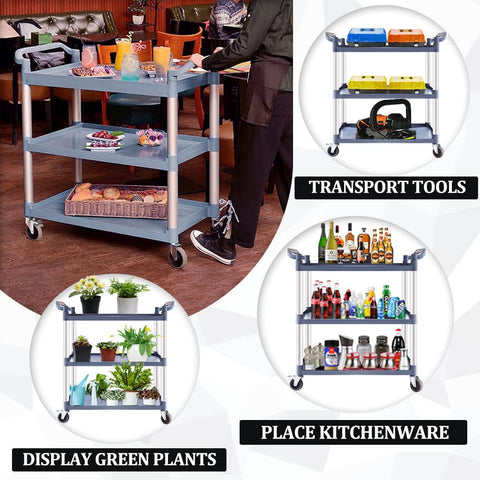 Heavy Duty 3 Tier Plastic Utility Cart With Wheels For Commercial Kitchen Office And Catering Thirty Nine And A Half Inch Long By Nineteen And A Quarter Inch Wide Rolling Service Cart With Lockable Wheels Six Hundred Pound Capacity Durable Transport Cart in various settings