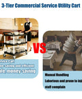 Comparison of Heavy Duty Three Tier Rolling Utility Cart with manual handling in a restaurant setting.