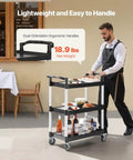 Heavy Duty 3 Tier Utility Cart With 360 Degree Swivel Wheels And Brakes, 300 Lb Load Capacity, in use in restaurant setting.