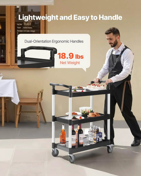 Heavy Duty 3 Tier Utility Cart With 360 Degree Swivel Wheels And Brakes, 300 Lb Load Capacity, in use in restaurant setting.