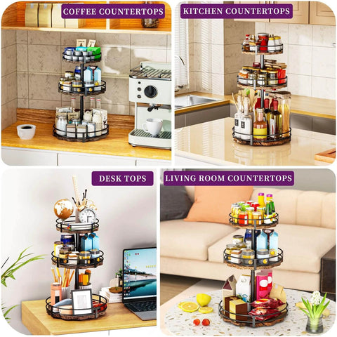 Heavy Duty 3 Tier Lazy Susan Organizer on various countertops, adjustable height, rotating spice rack with thickened wooden boards