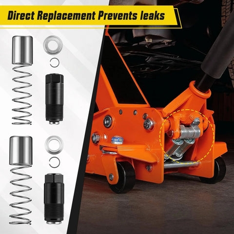 Complete 3 Ton Floor Jack Repair Kit With Low Side Pump Piston Plungers And 17 Piece Hydraulic Seal Set shown installed on orange floor jack