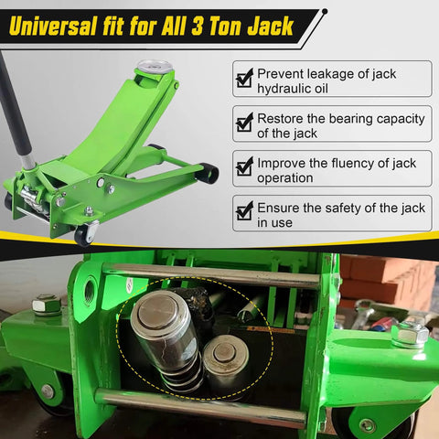 Complete 3 Ton Floor Jack Repair Kit With Low Side Pump Piston Plungers And 17 Piece Hydraulic Seal Set for dual pump jacks, green color.