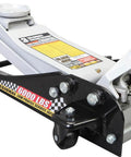 Black low profile hydraulic floor jack with quick lift pump for racing and everyday use three ton capacity durable steel construction.