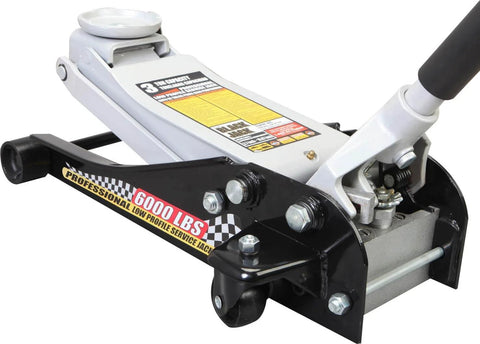 Black low profile hydraulic floor jack with quick lift pump for racing and everyday use three ton capacity durable steel construction.