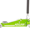 Side view of 3-Ton Hybrid Aluminum And Steel Low Profile Floor Jack With Dual Pump Pistons in green color.