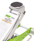 Close-up of 3-Ton Hybrid Aluminum And Steel Low Profile Floor Jack with dual pump pistons and rubber saddle protection