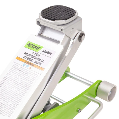 Close-up of 3-Ton Hybrid Aluminum And Steel Low Profile Floor Jack with dual pump pistons and rubber saddle protection