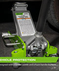 3-Ton Hybrid Aluminum And Steel Low Profile Floor Jack With Dual Pump Pistons lifting a vehicle