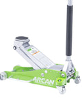 3-Ton Hybrid Aluminum And Steel Low Profile Floor Jack With Dual Pump Pistons in green, side view, for vehicles up to 6000 lbs