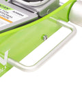 Close-up of 3-Ton Hybrid Aluminum and Steel Low Profile Floor Jack handle and label with dual pump pistons and rubber saddle protection