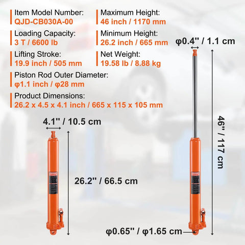 Heavy Duty 3 Ton Hydraulic Long Ram Jack For Engine Hoists And Garage Cranes With Clevis Base Slow Release Lift shown with specs