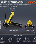 3 Ton Low Profile Floor Jack With Quick Lift Pump For All Terrain Vehicles And Cars Heavy Duty Steel Racing Jack displayed with size specifications.