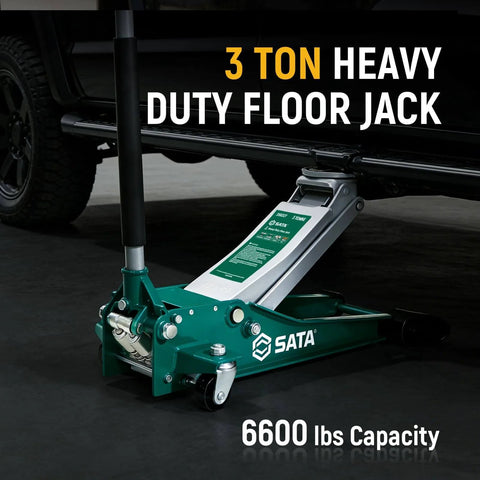 Heavy Duty Steel Floor Jack With 3 Ton Capacity, Ultra Low Profile For Tight Parking Spaces visible lifting a vehicle