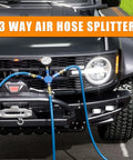 Image showing a 3 Way Air Hose Splitter, 1/4 Inch Quick Connect Manifold with 2 M-Style Couplers and 1 Industrial Air Plug in use.