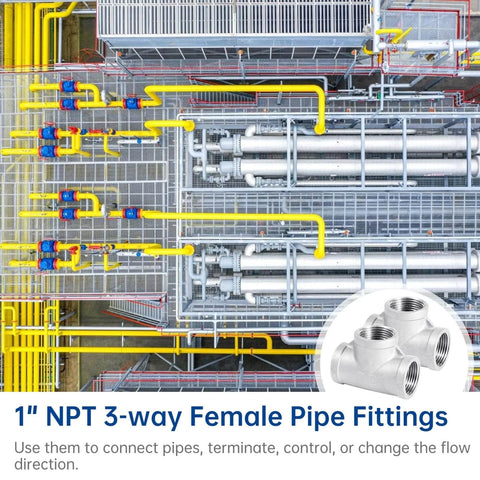 Stainless Steel Tee Pipe Fittings 2 Pack 1 Inch By 1 Inch By 1 Inch Female Thread 3 Way Tube Fittings T Shaped Connector, shown in industrial application.