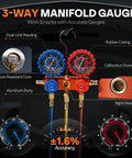 3-way manifold gauge for all in one vacuum pump and gauge kit, features dual-unit reading, aluminum body, sight glass, accurate measuring.