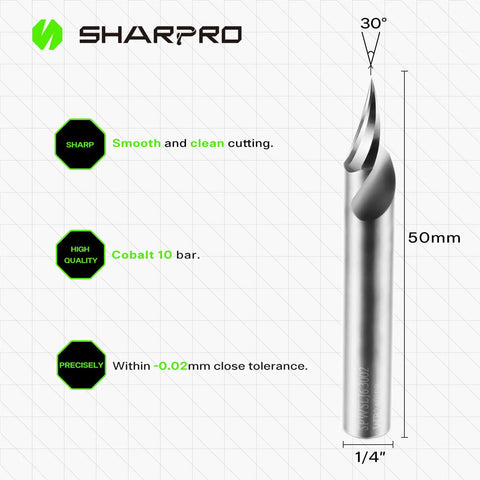 V Groove O Flute Chamfer Router Bit 30 Degree One Quarter Inch Shank CNC Carbide V Bit for engraving and chamfering letters